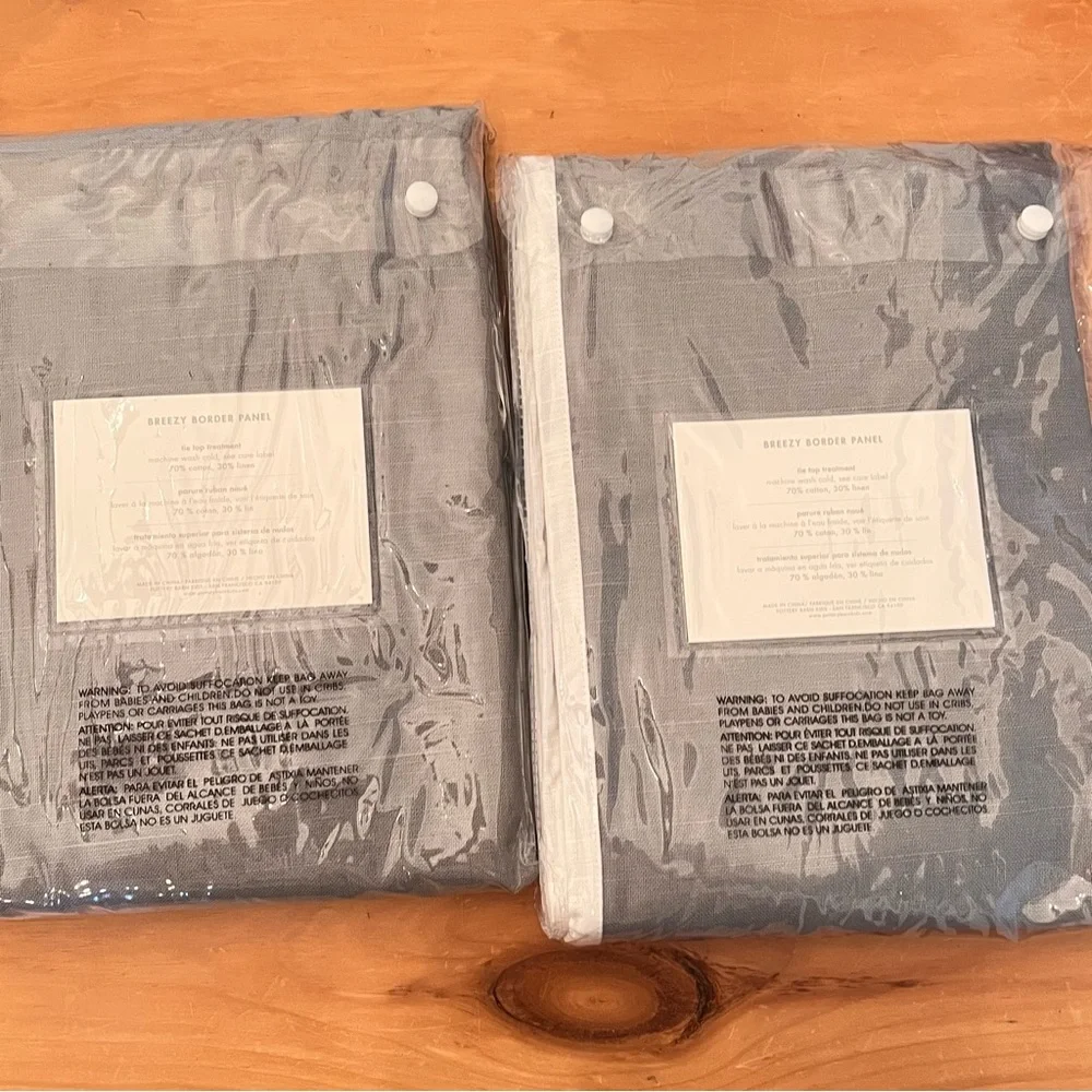 NEW 2 Pottery Barn Kids PBK Breezy Border Panel Drapes 44 x 84” Gray w/White Tie